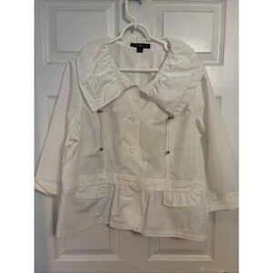 Tribella Ladies' White Crop Windbreaker Ruche Collar 3/4 Sleeve Button, Size 16